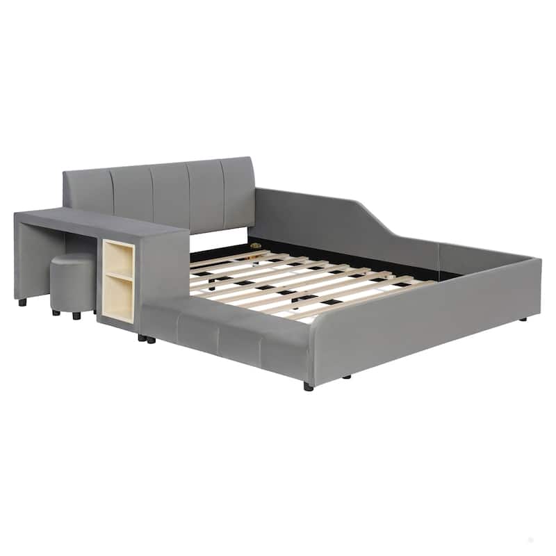 Upholstered Grounded Bed Mother & Child Bed with Bedside Desk and Little Round Stool