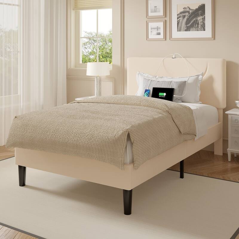 Javlergo Bed Frame with Smart LED Lights, Velvet Bed Frames with USB Charging Station, Modern Platform Bed