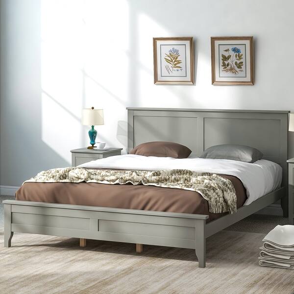 slide 2 of 8, Modern Classic Queen Size Platform Bed with Headboard, Pine Solid Wooden Bed with Support Legs, Grey Grey