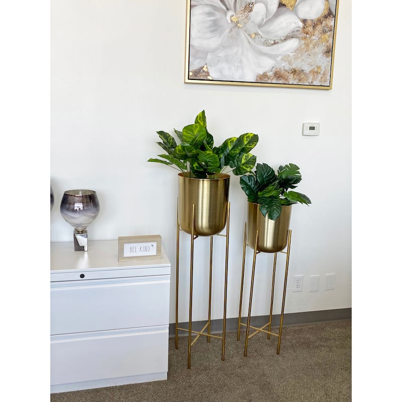 Large And Tall Contemporary Style Round Metallic Planters Set of 2