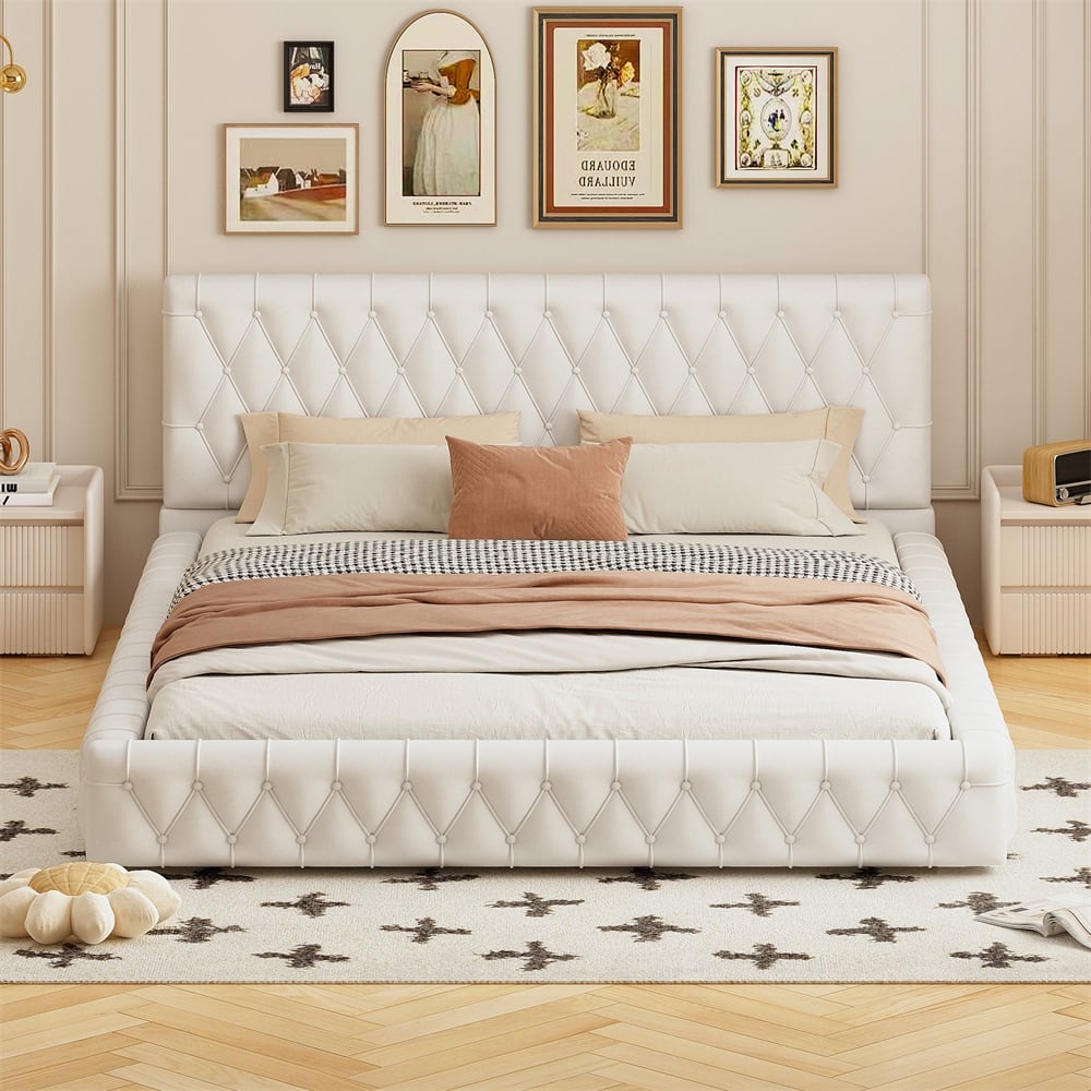 Modern Velvet Queen Size Platform Bed with Tufted Headboard