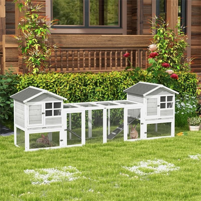 White-Grey-Black Fir Wood Hutch with Asphalt Roof for Small Pets - 102" L x 25.25" W x 36.25" H
