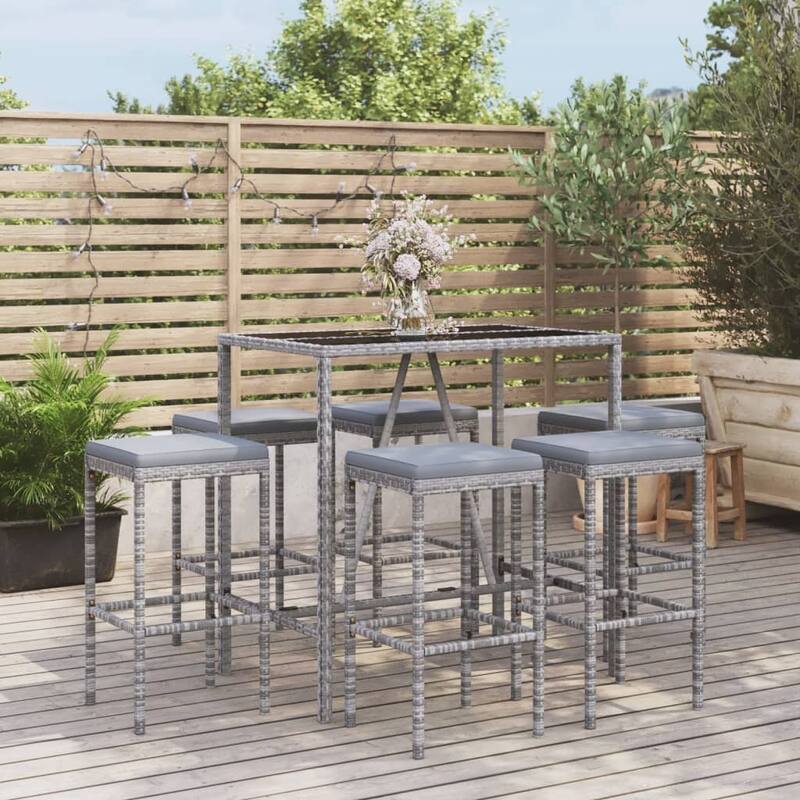 vidaXL 5 Piece Patio Bar Set with Cushions Black Poly Rattan - Gray7 Piece 43.3" x 27.6" x 43.3"