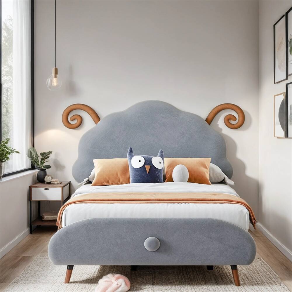 Twin Size Sheep-Shaped Upholstered Platform Bed with Wood Legs