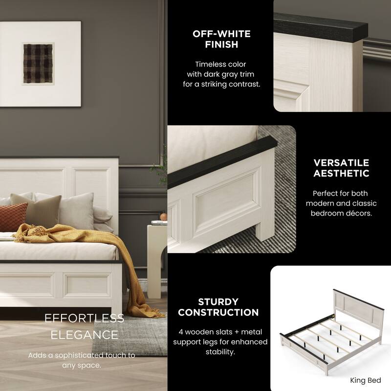 Roundhill Furniture Realynn 5-Piece Wood Bedroom Set, Panel Bed with Dresser, Mirror, and 2 Nightstands, Off-White Finish