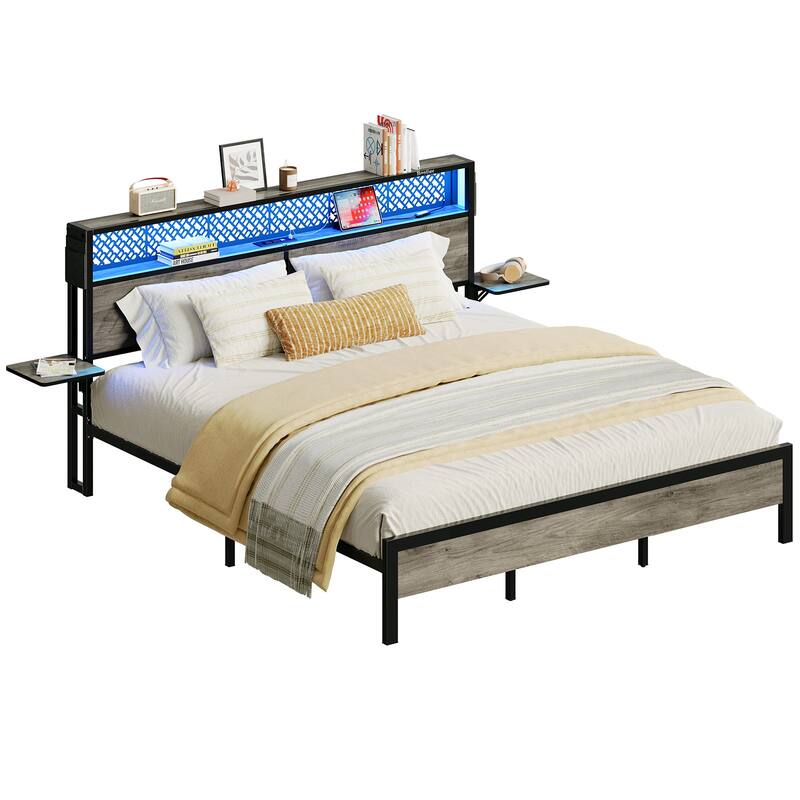 Platform Bed with LED Upholstered Storage Headboard Charge Station Foldable Bedside Shelf