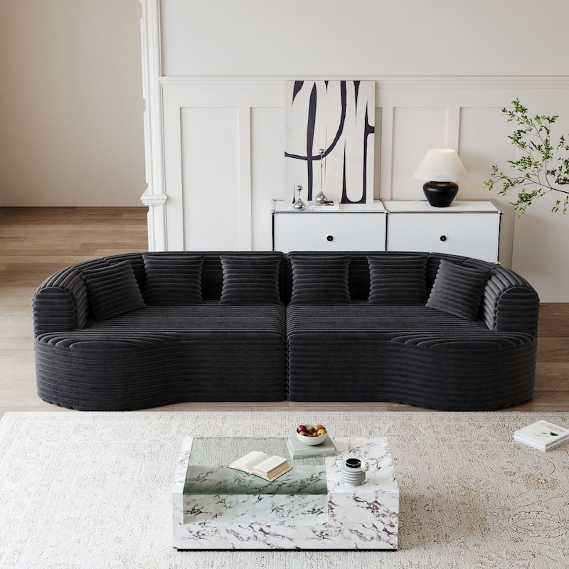 Modern Luxury Corduroy Boneless Curved Sectional Sofa with Pillows - Black