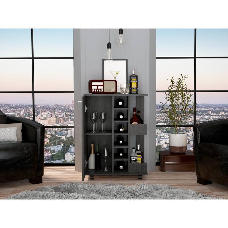 TUHOME Bar Cart, Two External Shelves, Four Casters, Six Built-in Wine Rack and Single Door Cabinet - 23" W x14"D x 32"H
