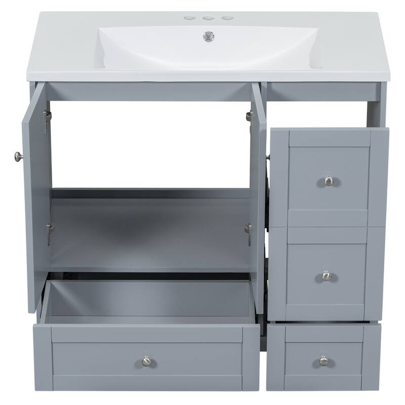 36" Modern Bathroom Vanity with USB Charging, 2Doors and 3Drawers Storage Vanity Cabinet, single sink, Faucets Not Included