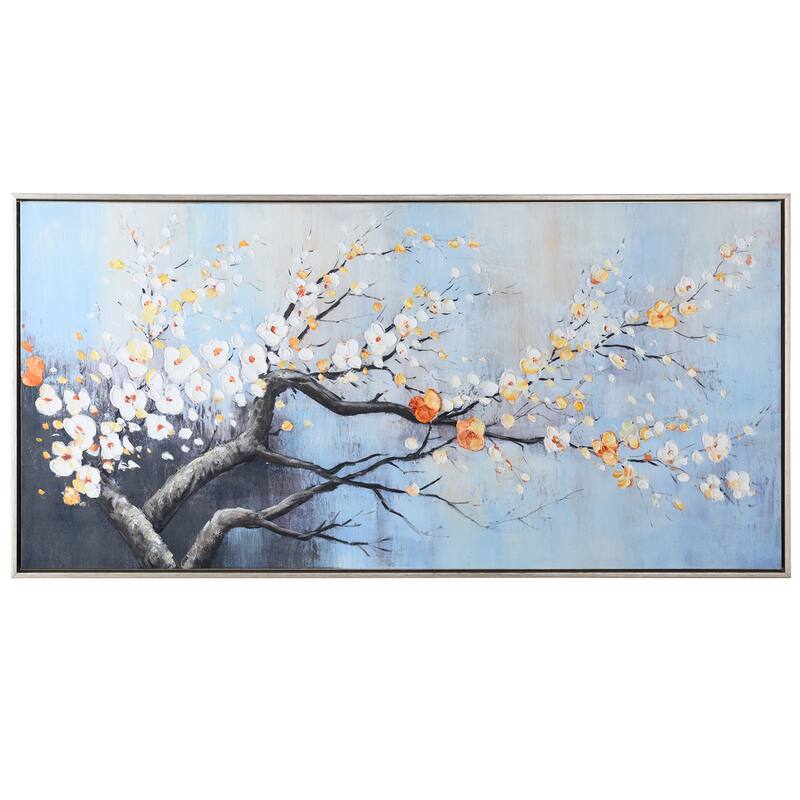 StyleCraft River Bloom Hand-Painted Framed Canvas Wall Art - 47" x 24" - Champagne