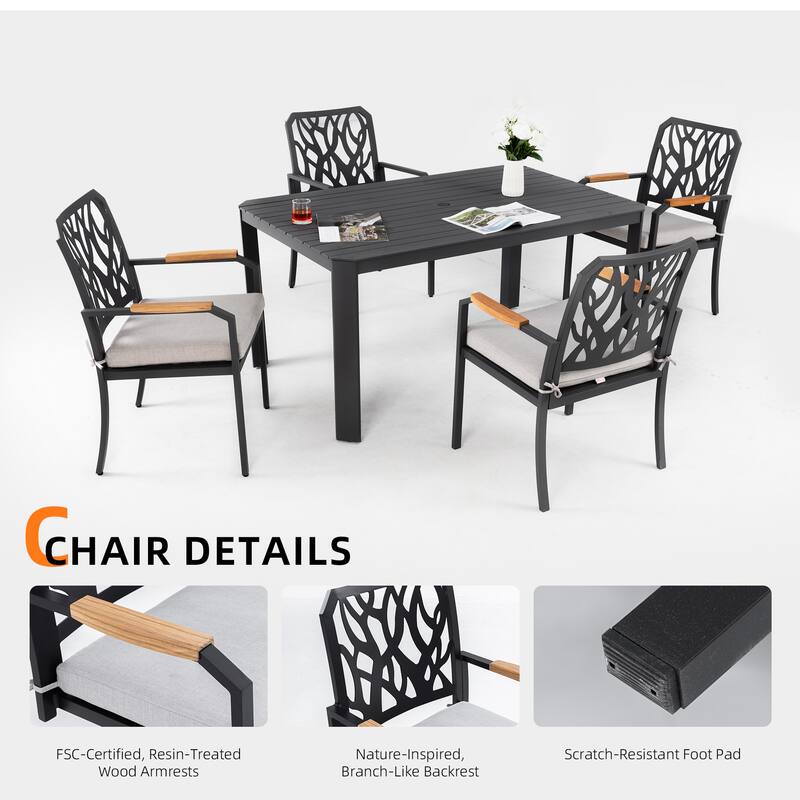 5-Piece Outdoor Aluminum Dining Set with Rectangular Table & 4 Chairs - Branch Backrest, Sunbrella Cushions, Bourbon Brown