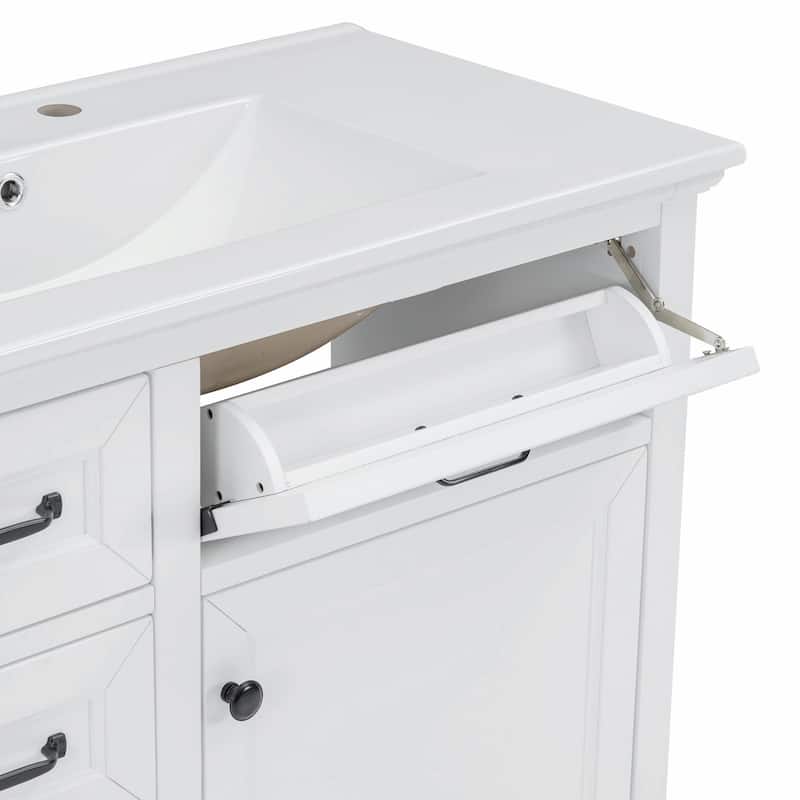 36-Inch Bathroom Vanity with Ceramic Sink Top - 4 Drawers and 1 Soft-Close Door