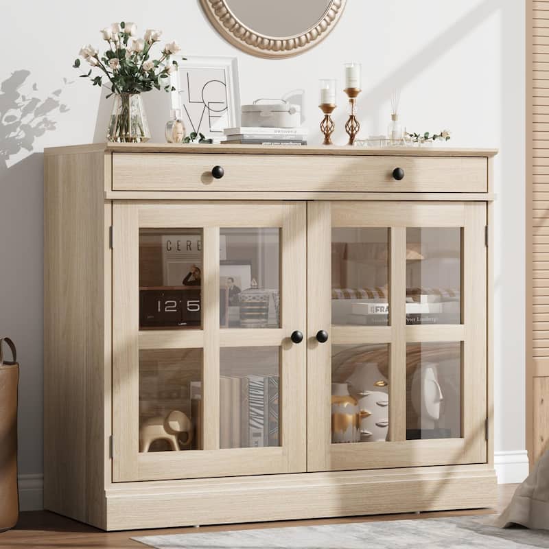 35.4" Sideboard Buffet Cabinets with Glass Door - Beige