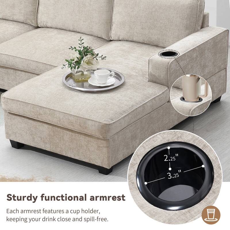 Modern U Shaped Sofa with Chenille Upholstery and Built In Cup Holders for Living Room or Guest Room
