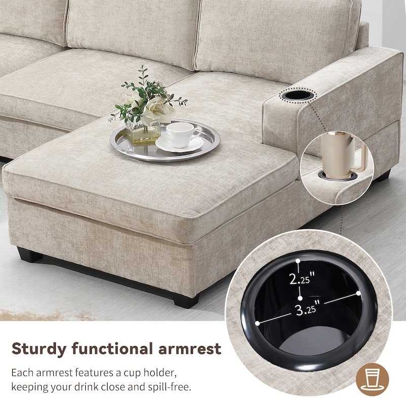 U Shaped Sectional Sofa, Chenille Corner Couch Set with Cup Holders