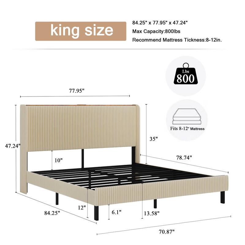 Roomfitters Metal Platform Bed Frame with Charging Station, Heavy Duty Mattress Foundation, No Box Spring Needed, Beige