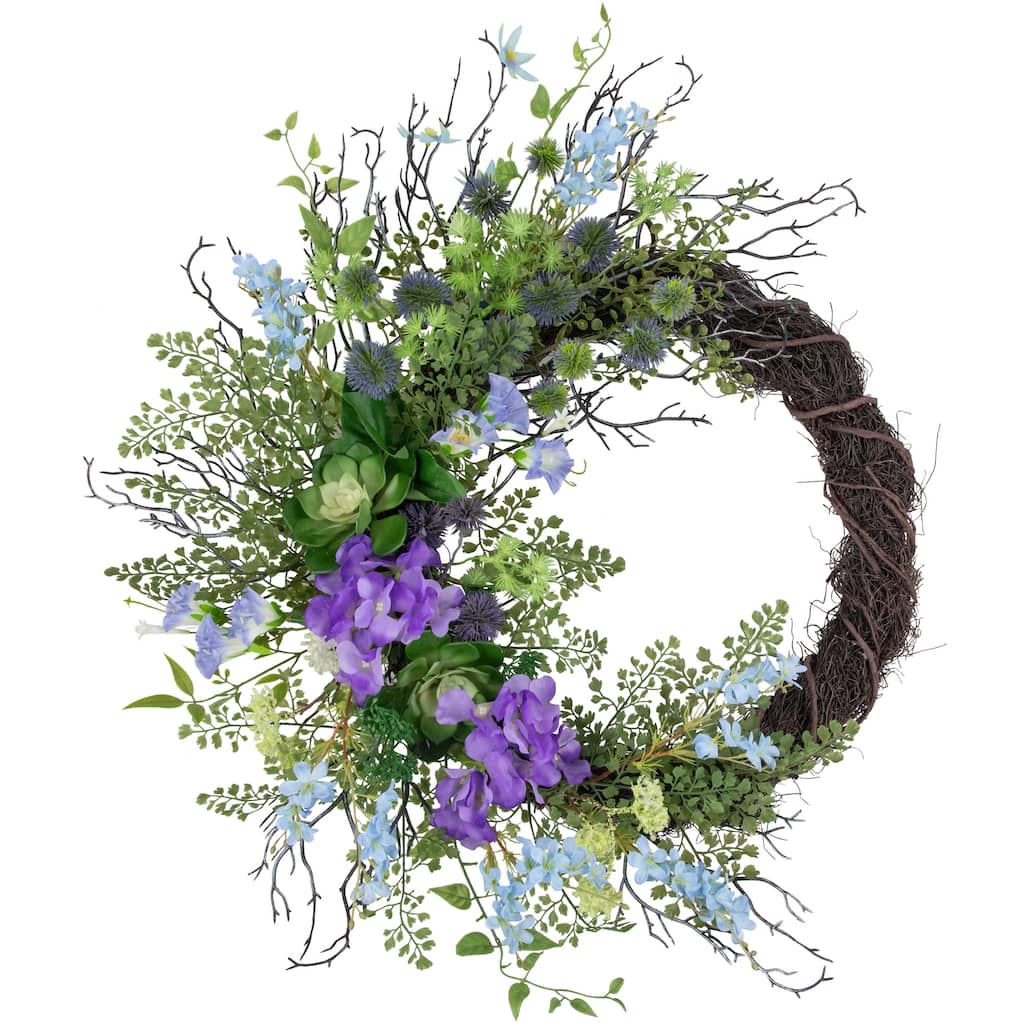 Mixed Wild Flowers and Twig Artificial Spring Wreath, 24-Inch