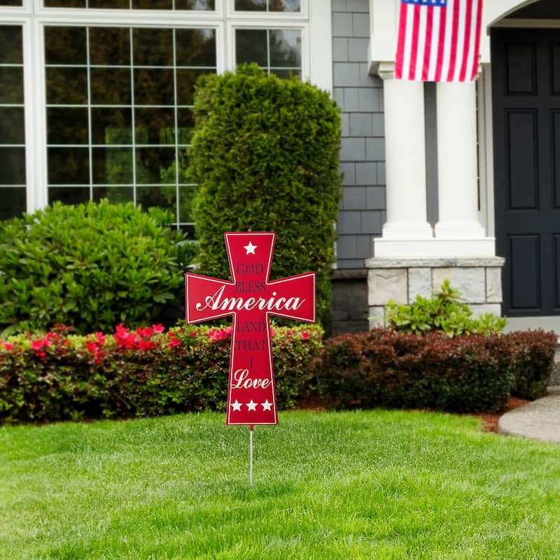 Glitzhome 32"H Patriotic Double Sided Metal Cross Yard Stake Wall Decor