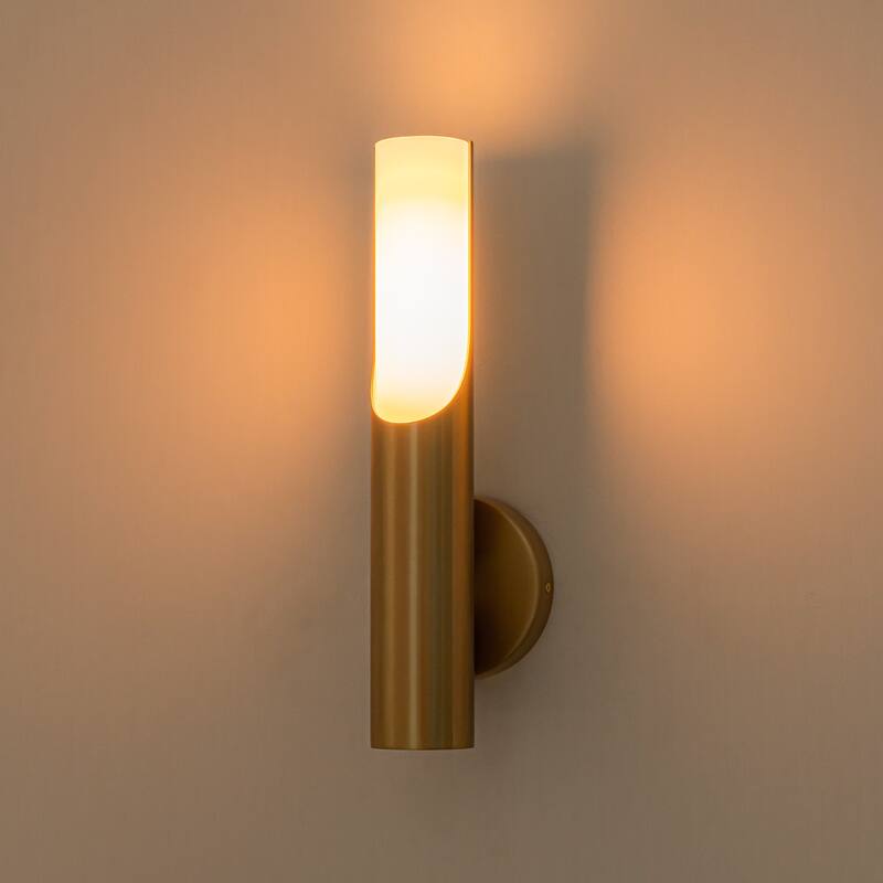 Modern 1-Light Brass Wall Sconce with Opal Glass Shade - 4.7" W x 4.3" D x 15" H