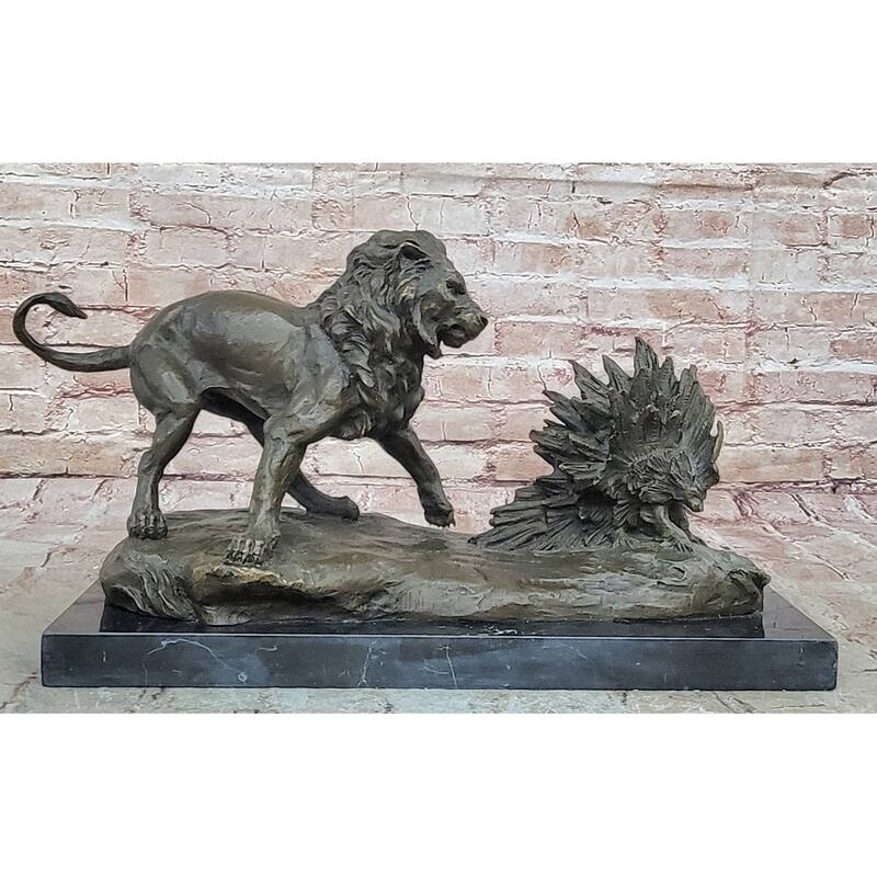 Imitative Lion Vs. Porcupine Bronze Statue Sculpture Wildlife Art Decor On Marble Base