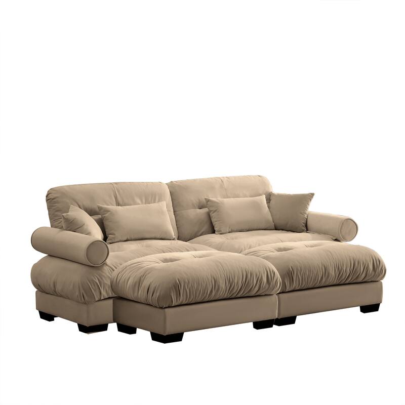 93.7" Oversized Velvet 2-Seater Sofa with Ottoman, Round Bolster Armrests, and Included Pillows