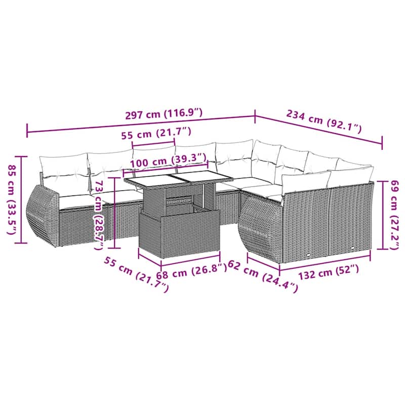 vidaXL Patio Sofa Set with Cushions Outdoor Furniture 10 Piece Poly Rattan