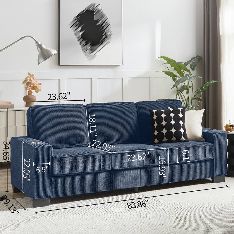 83.86"Corduroy Fabric sofa,Modern Compressed Couch,3-Seater Sofa