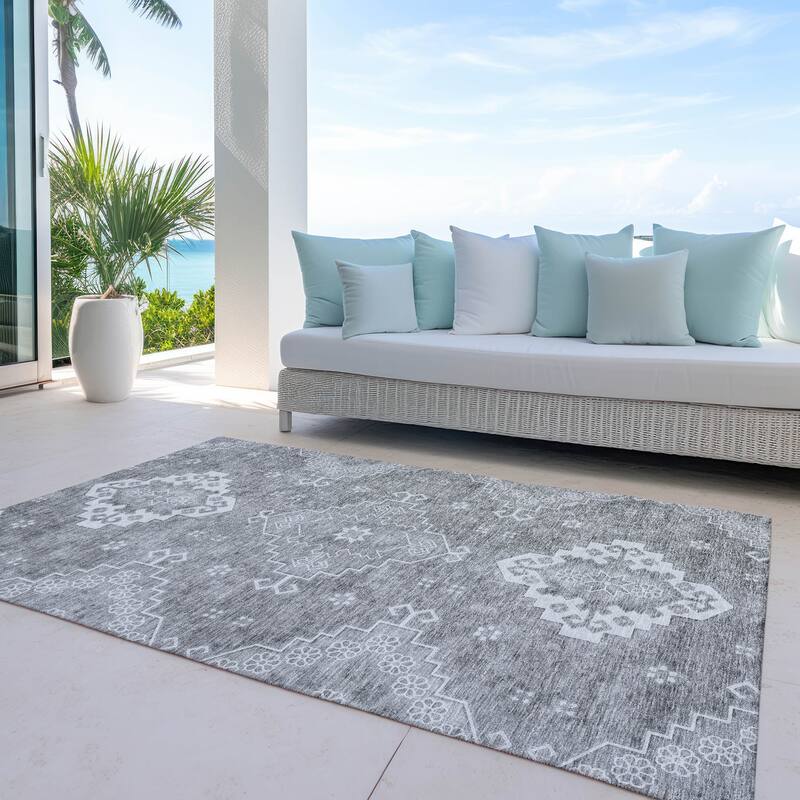 Machine Washable Indoor/ Outdoor Chantille Traditional Boho Rug - Gray - 10' x 14'