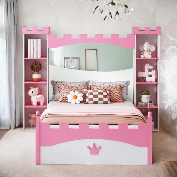 slide 2 of 16, Dreamy Twin Size Platform Castle-Shaped Wooden Bed with Shelf for Kids Pink