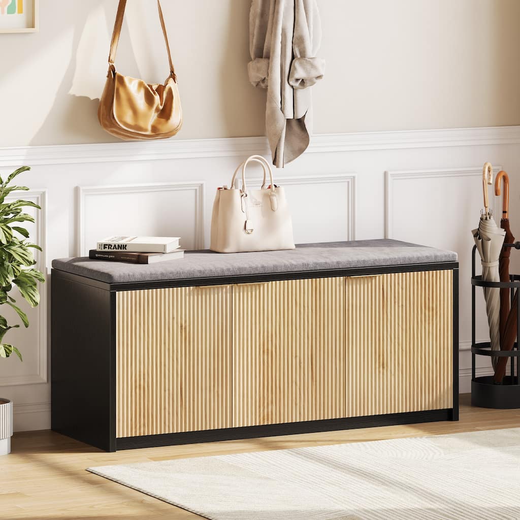 2-Tier Shoe Storage Bench with 3 Doors & Adjustable Shelf, Removable Padded Seat Cushion, 41.3" Entryway Bench