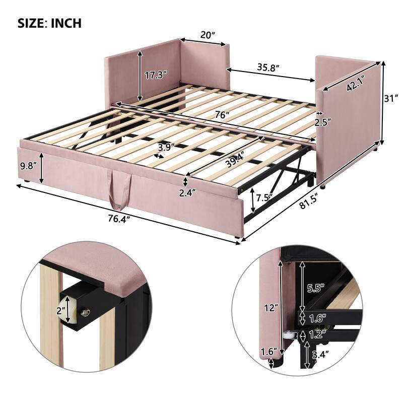 Pink Twin Daybed with Upholstered Finish and Pop-Up Trundle - No Box Spring Required