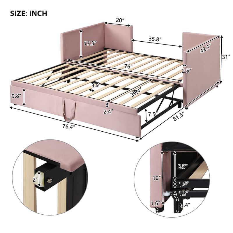Velvet Upholstered Twin Daybed with Pop-Up Trundle, Expandable to King Size, No Box Spring Needed