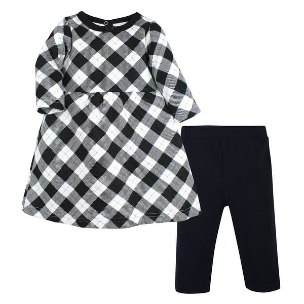 slide 1 of 1, Hudson Baby Infant Girl Quilted Cotton Dress and Leggings, Black Gold Plaid 0-3 Months - Black Gold Plaid