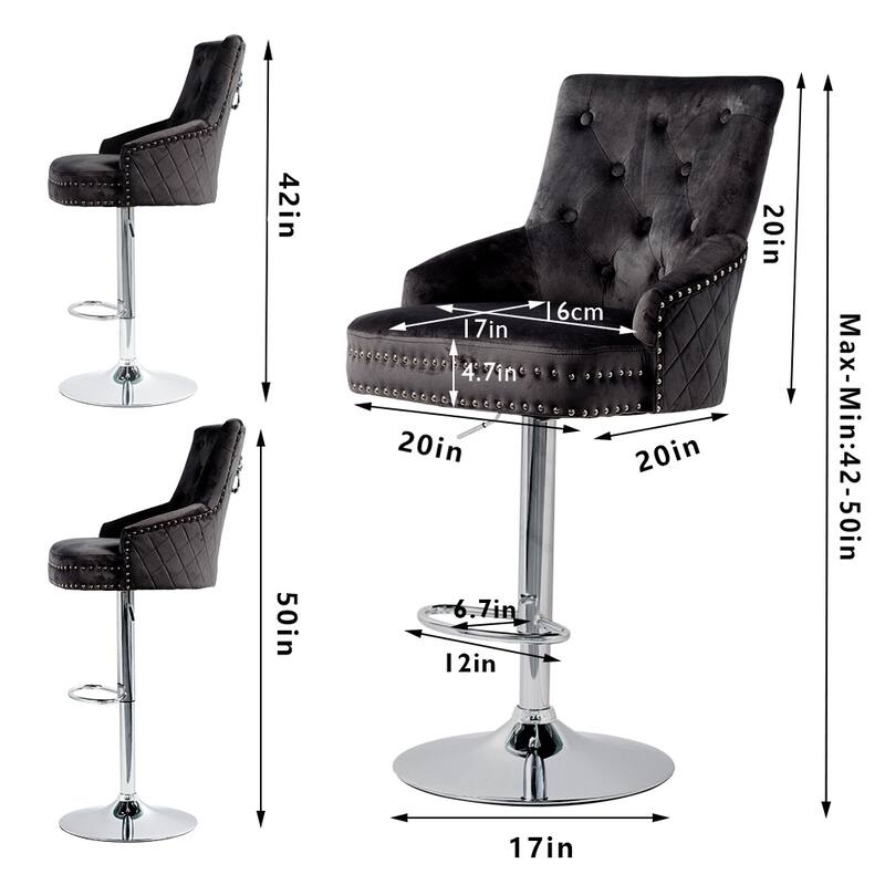 Swivel Tufted Velvet Bar Stool Adjustable with Lion Head Knocker