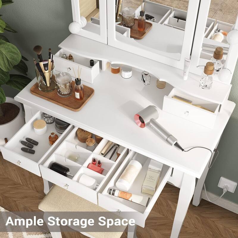 Vanity Desk Set Makeup Vanity Lighted Tri-fold Mirror and Stool