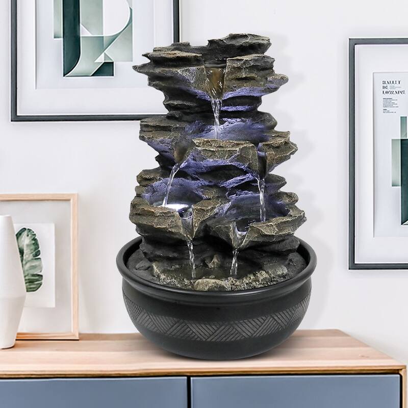 15.7'' H Tabletop Indoor Rock Waterfalls Fountains with LED Light - Antique White