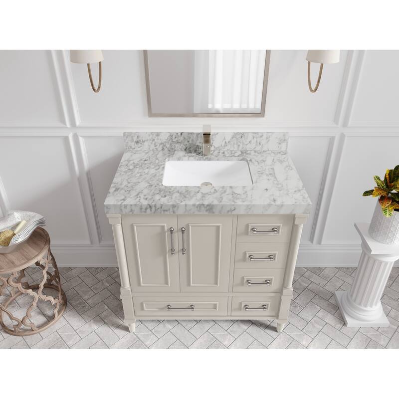 Willow Collections 36 in. W x 22 in. D Aberdeen Center Sink Left Bathroom Vanity with Countertop - 2" Carrara Marble - Fine Grain