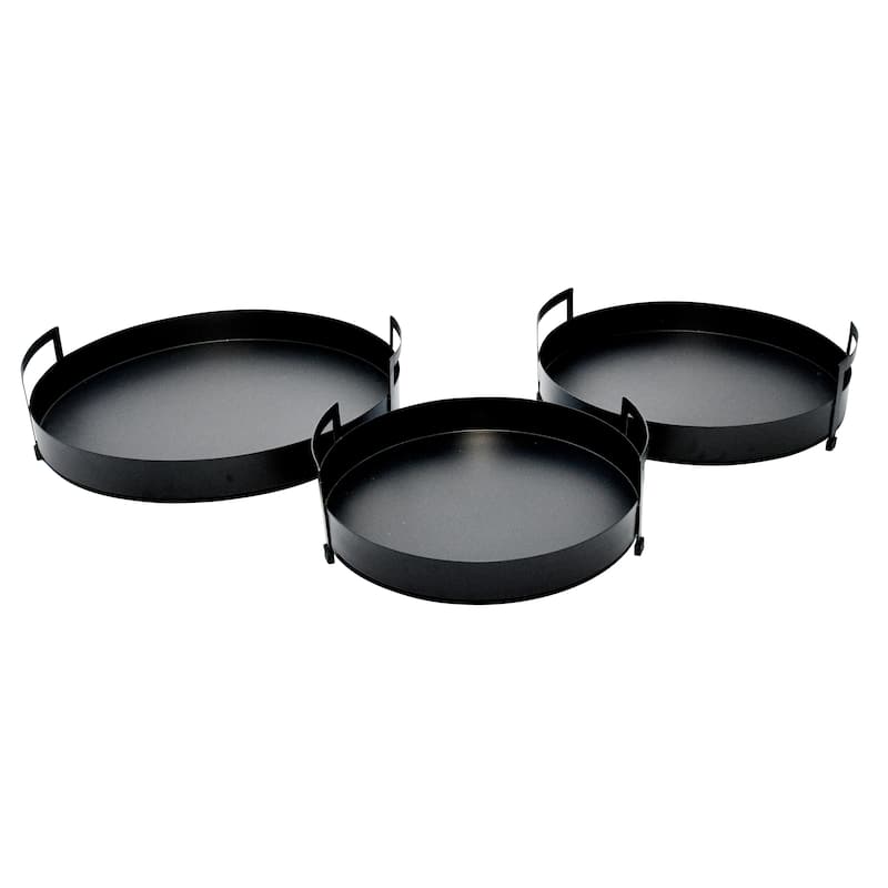 4.5"Hx15" Diameter/6.5" Hx17" Diameter/5"Hx18" Diameter, Metal Tray with Handles, Black, Set of Three, Crafted with - 18" x 18" x 5" - Black
