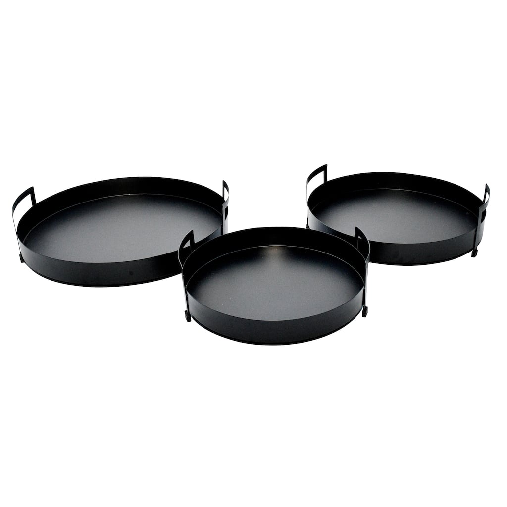 4.5"Hx15" Diameter/6.5" Hx17" Diameter/5"Hx18" Diameter, Metal Tray with Handles, Black, Set of Three, Crafted with