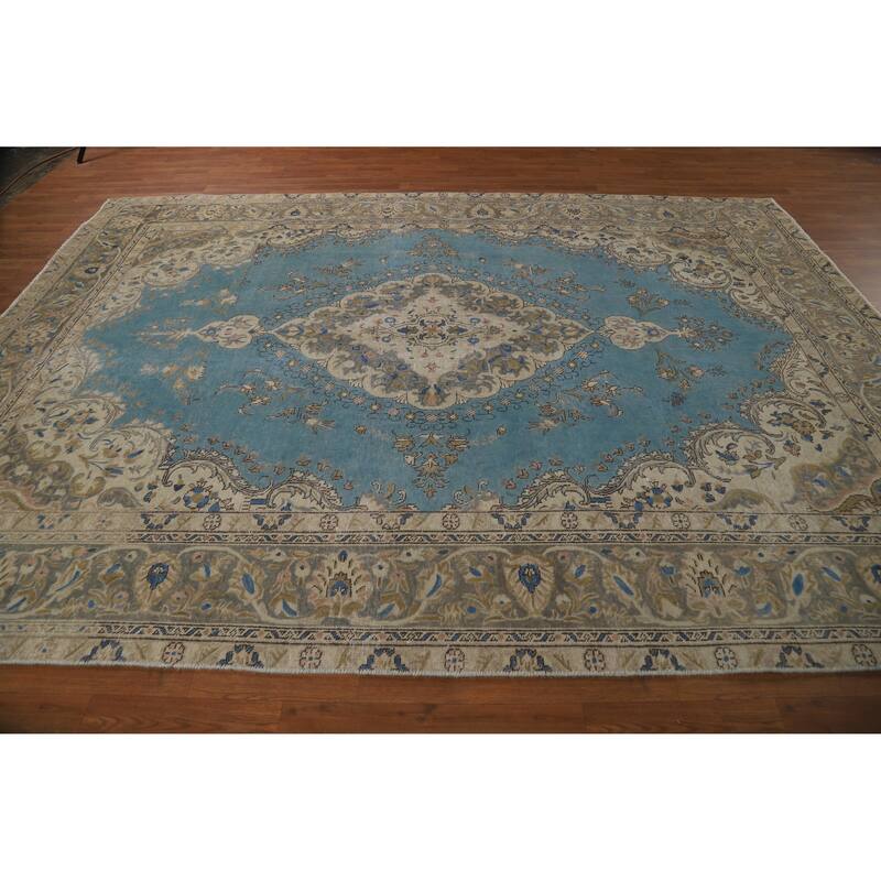 Blue Traditional Tabriz Persian Vintage Rug Hand-Knotted Wool Carpet - 7'10" x 10'10"