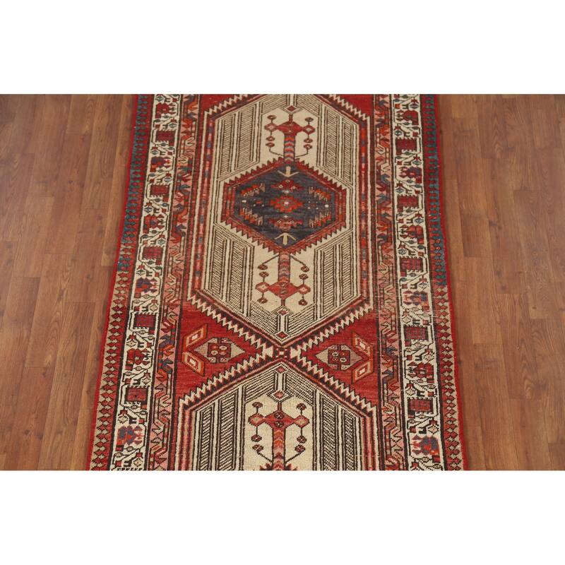 Hand Knotted Oriental 100% Wool Carpet Traditional Geometric Red Ardebil Runner Rug - 14' 8'' X 3' 3''