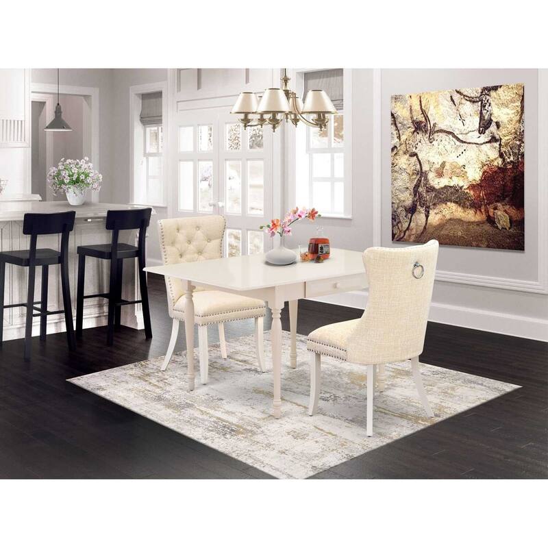 HomeStock 3-Pc Linen White Finish Rectangular Solid Wood Top with Dropleaf Dining Table Set