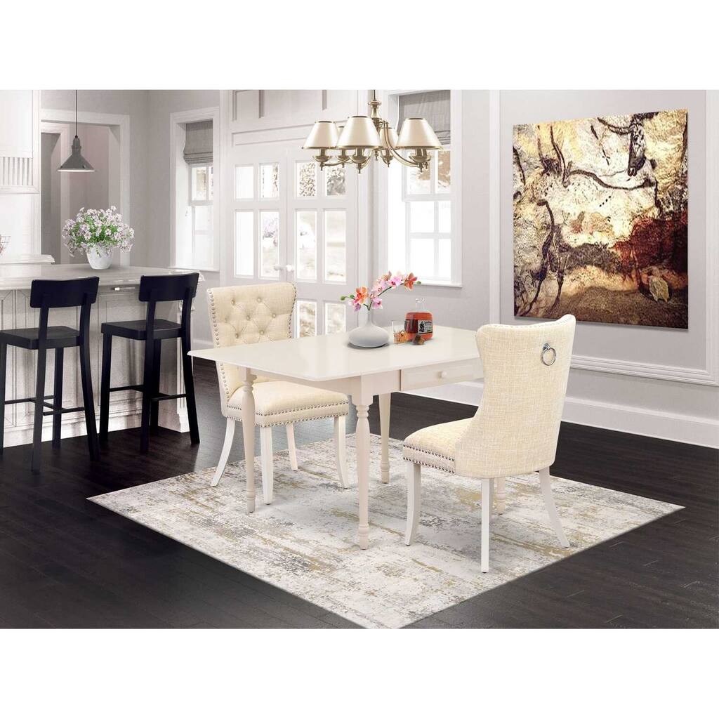 HomeStock 3-Pc Linen White Finish Rectangular Solid Wood Top with Dropleaf Dining Table Set