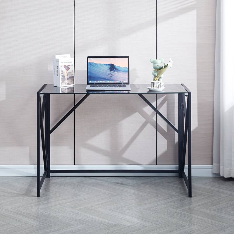 Tempered Black Glass Computer Desk, Laptop Desk, PC Laptop Table with Metal Frame, Writting Desk