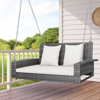 2 Person Wicker Hanging Porch Swing Outdoor Rattan Swing with Cushions ...