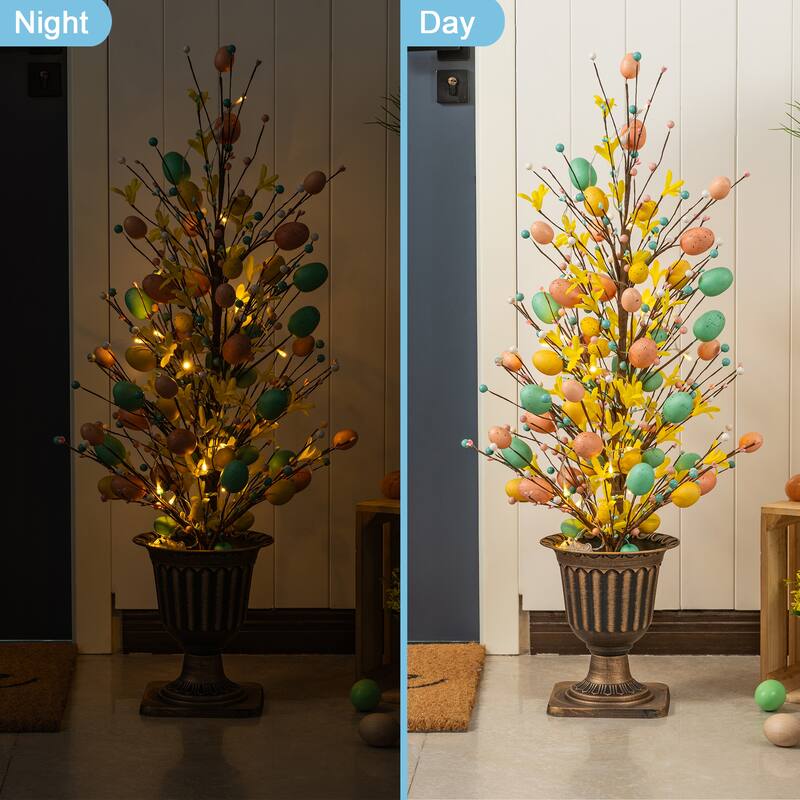 Glitzhome 36"H Easter Egg Berries Flower Urn Porch Tree with 20 Warm White Lights and Timer