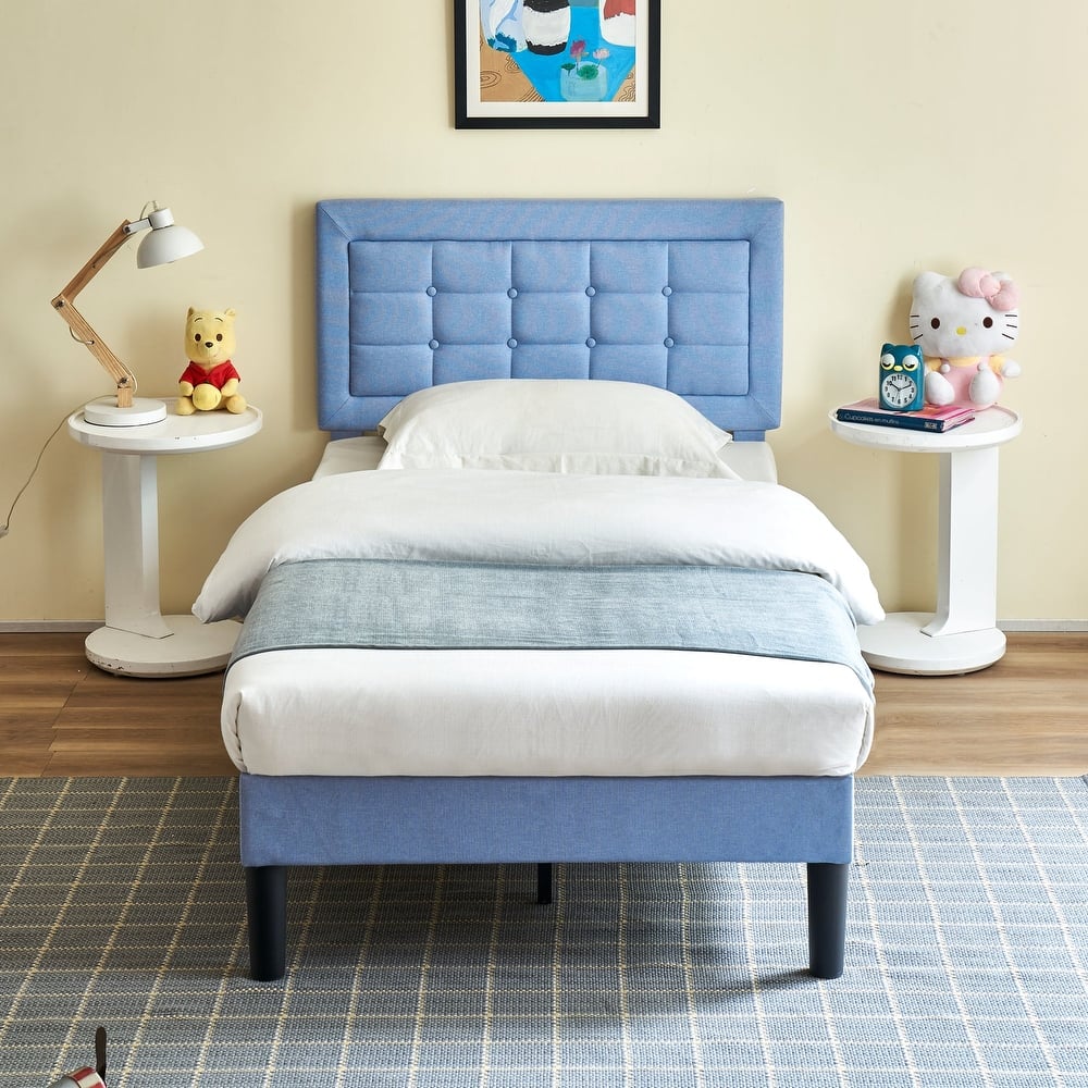 Strong Frame and Wooden Slats Support Bedframe，Platform Bed Frame with Linen Upholstered Headboard,Light Blue Bed Frames