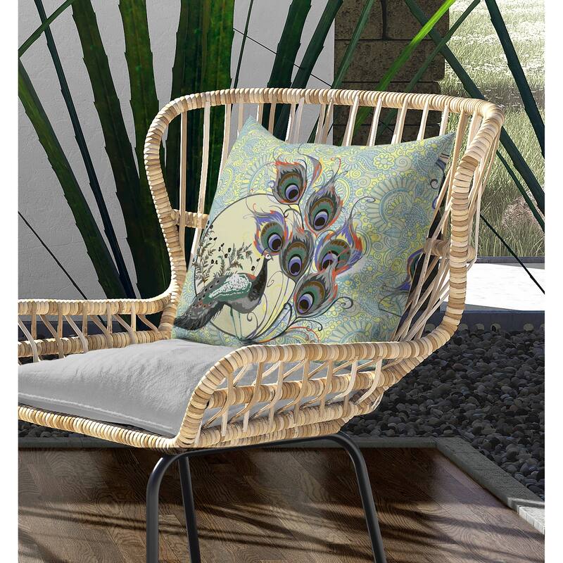 Paisley Peacock Dreams Indoor/Outdoor Reversible Throw Pillow Skyblue and Yellow