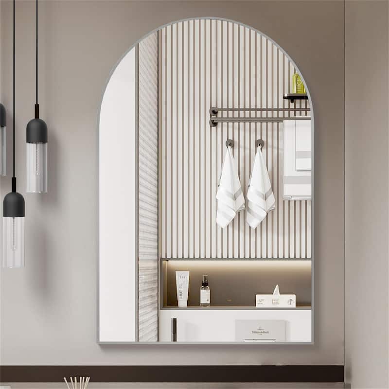 24"x32" Metal Framed Arched Mirror with Shatterproof Film and Hooks - Silver
