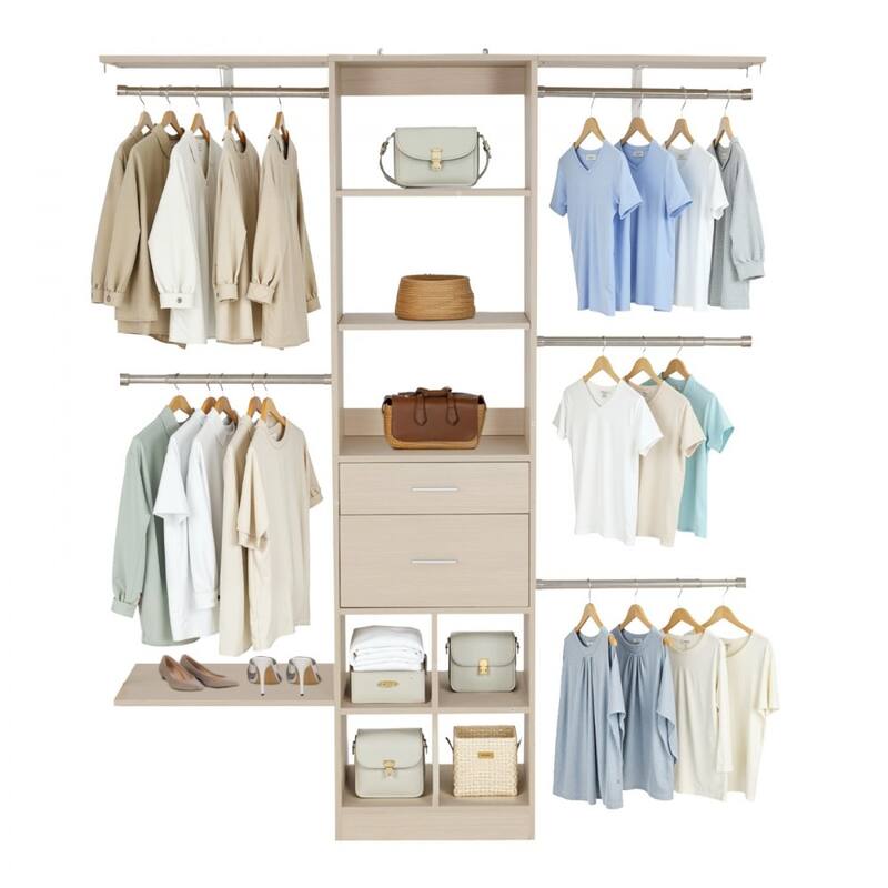 60” Grey Oak MDF Closet Storage Drawers with Hanging Rods and 17 Organized Compartments - 60” x 15.8” x 73”